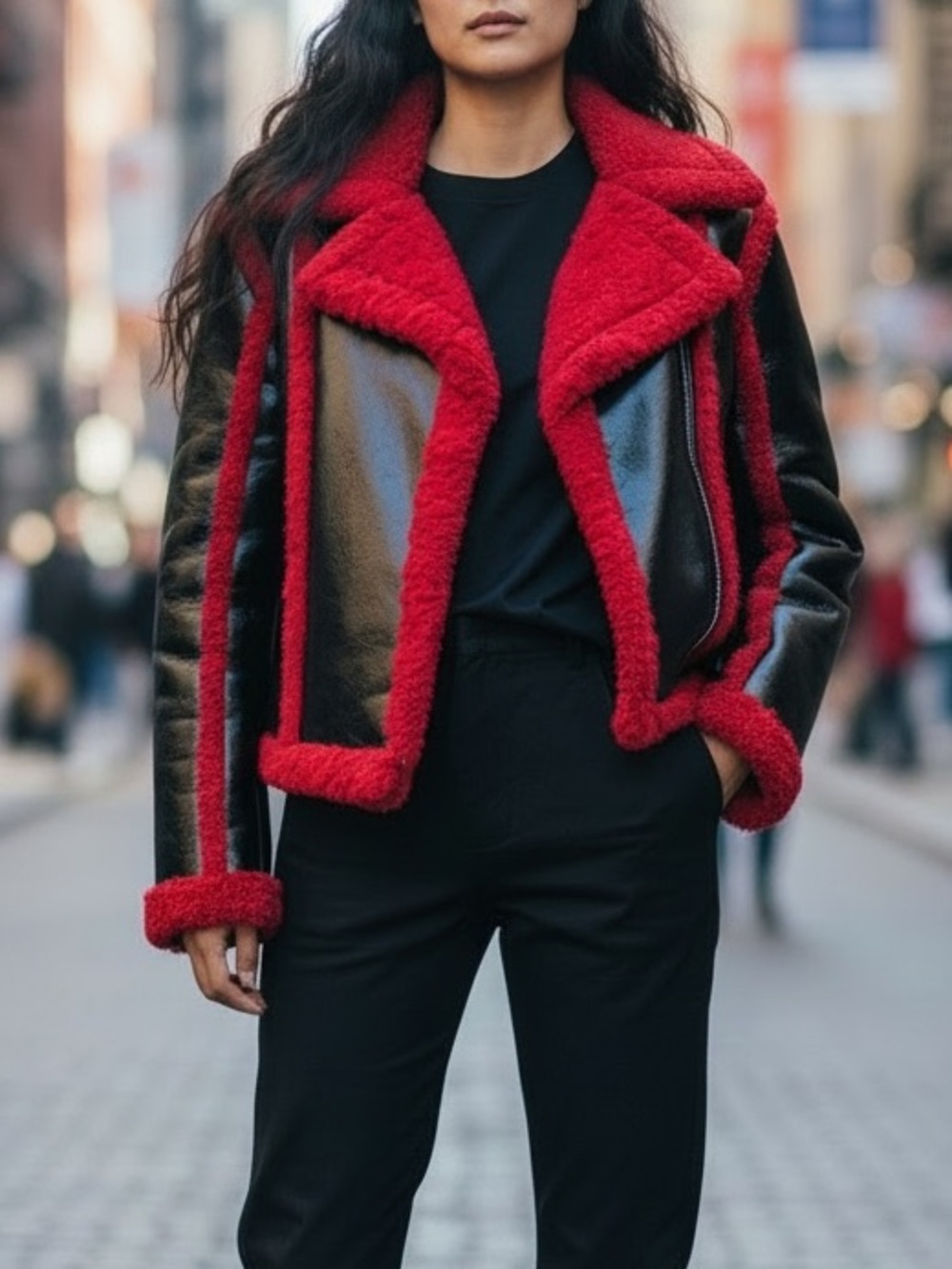 NEW 7 For All Mankind Cherry Red Teddy Coat Vegan Leather Fall Sherpa Jacket